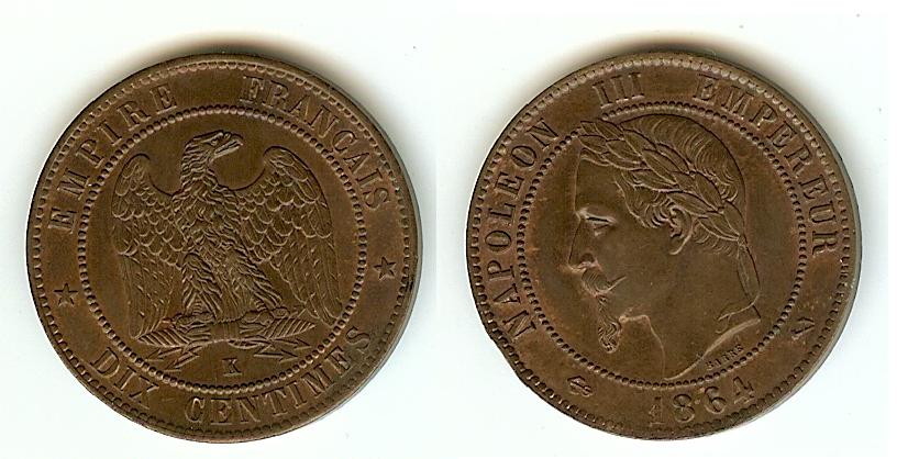 Dix centimes Napoléon III, tête laurée 1864 Bordeaux SUP+ à SPL
